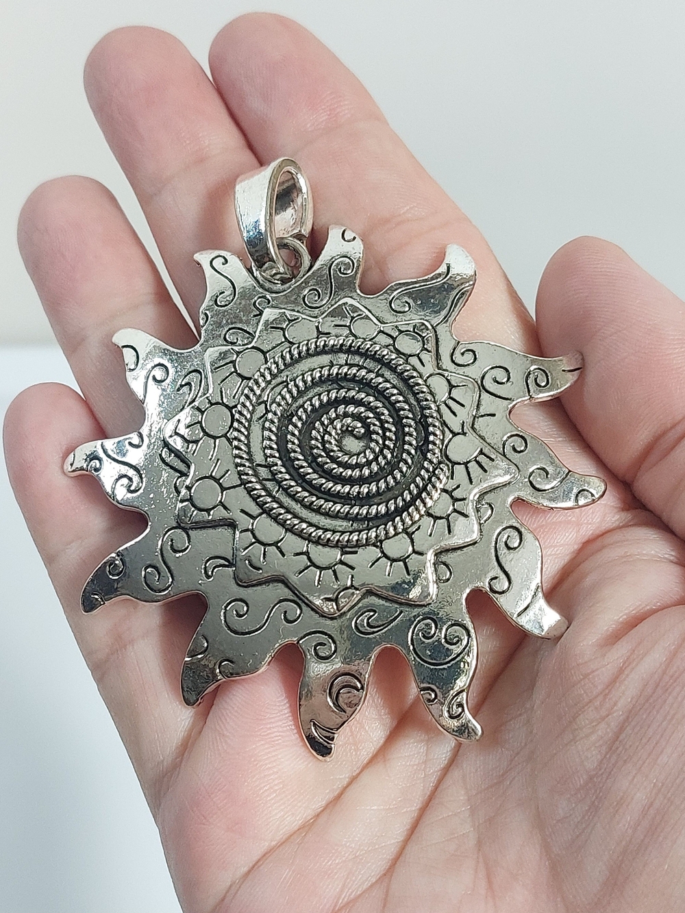 Silver Tone Sunburst Spiral Pendant Necklace - Women Jewelry